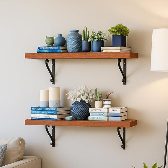 Home Wall Mounted Wooden Shelf | Floating Shelf with Black Metal Frame